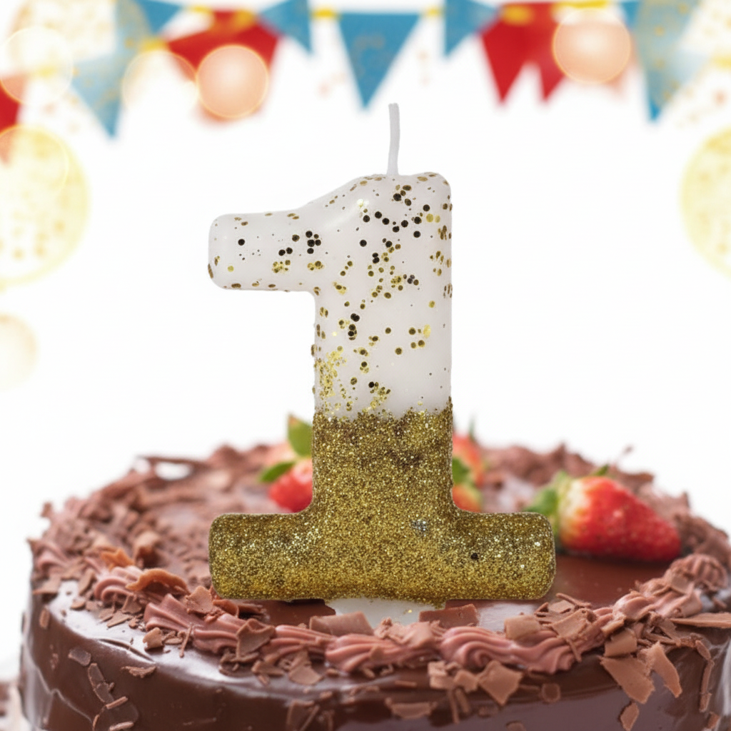 Close up detail of semi glitter gold and white number 1 birthday candle showing two tone design