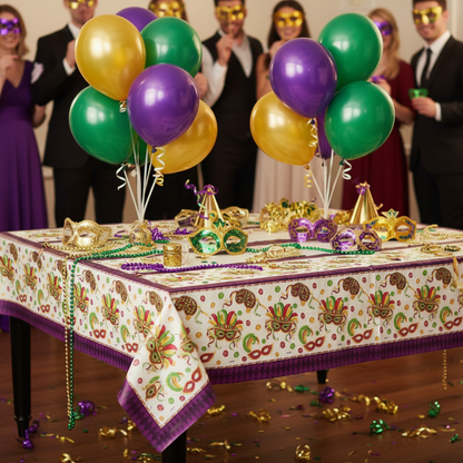 Masquerade Tablecover party setup