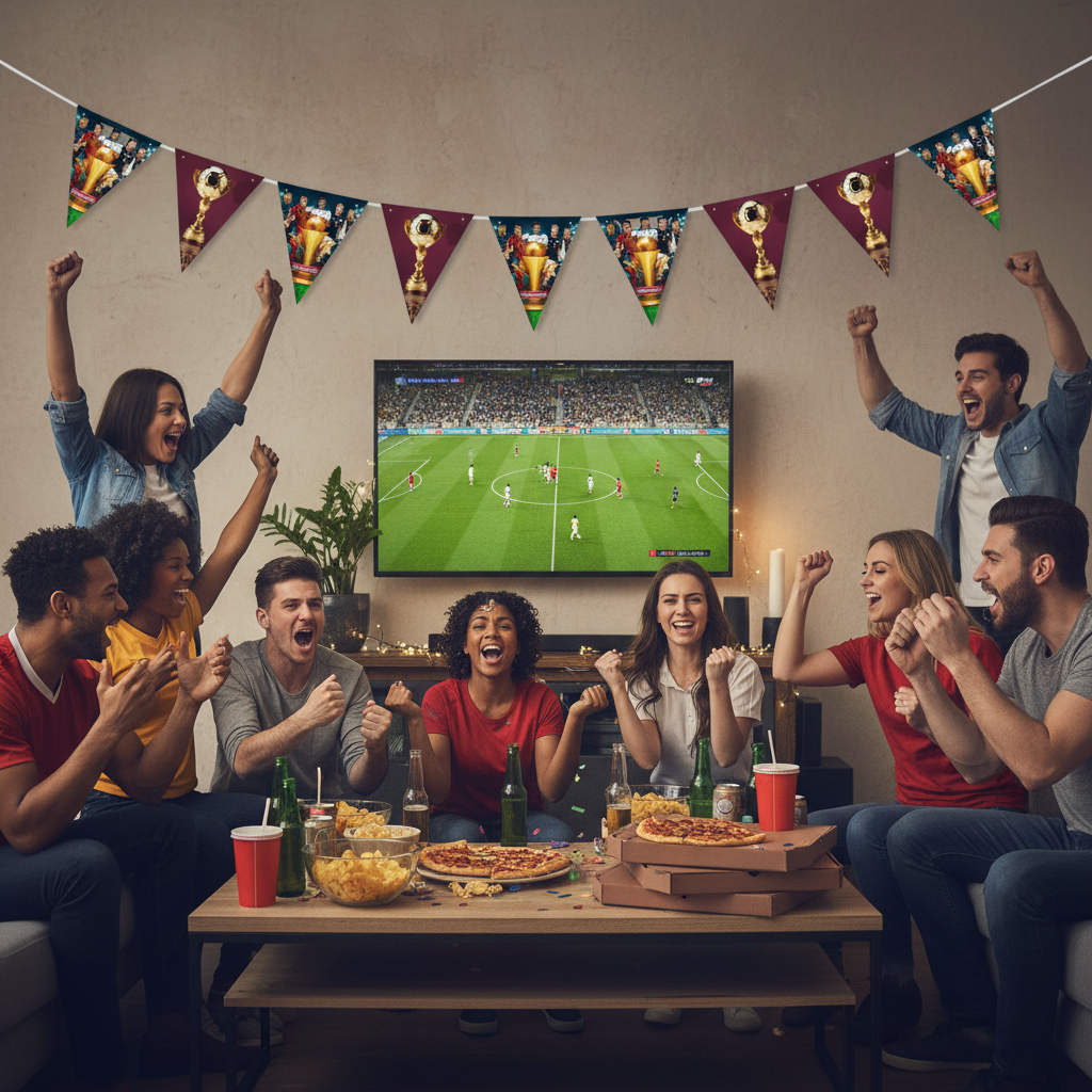 Football Euro Cup bunting hung on wall at indoor match viewing party with fans and TV screen