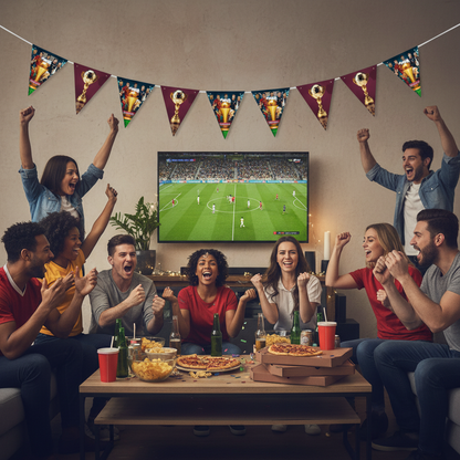 Football Euro Cup bunting hung on wall at indoor match viewing party with fans and TV screen