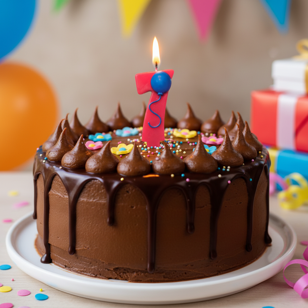 Red number 7 balloon candle on chocolate birthday cake with festive decorations and flowers