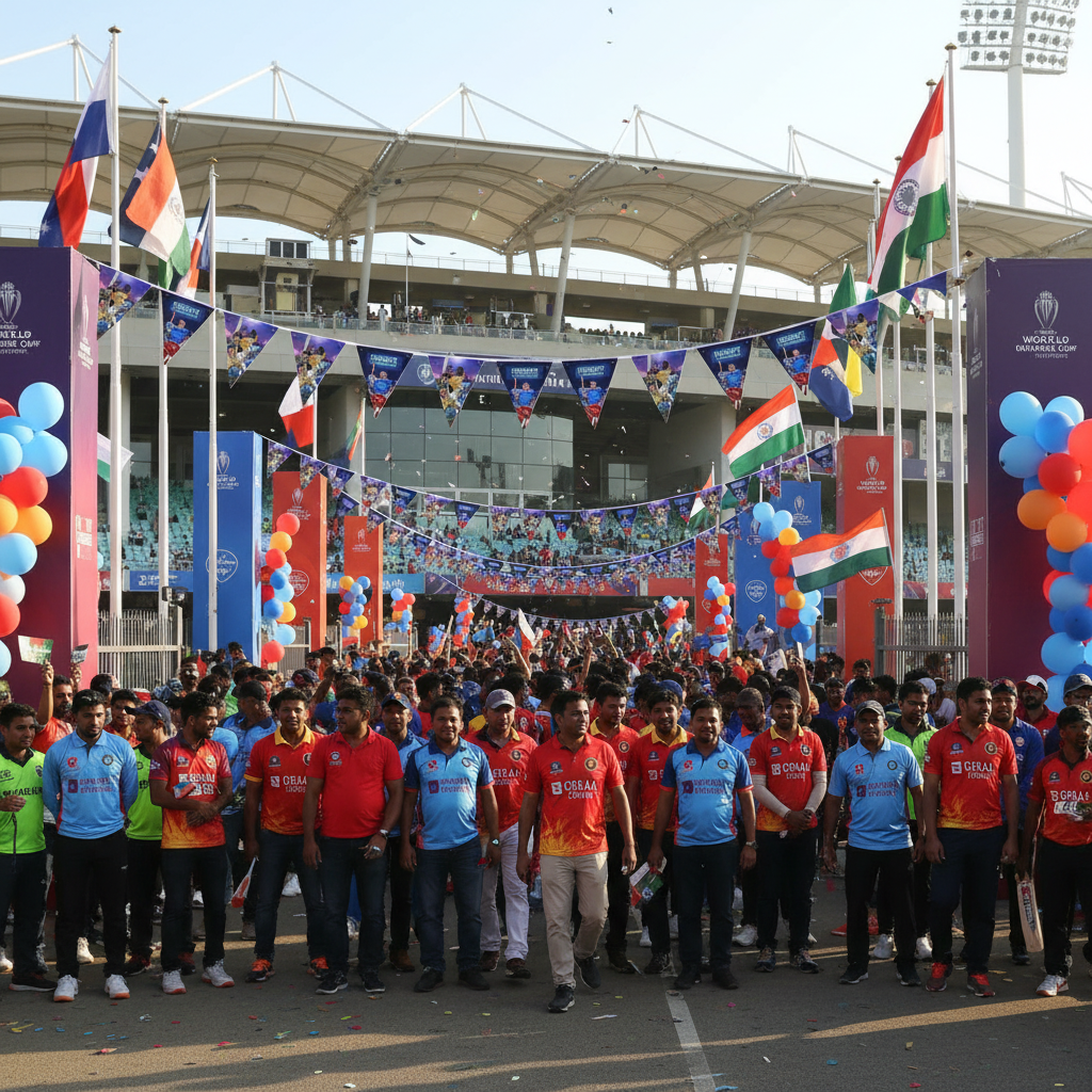 Cricket Championship bunting strung at outdoor cricket ground entrance with fans in jerseys