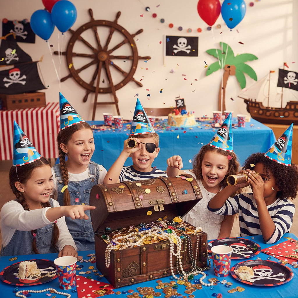 Pirate Treasure Cone Hat worn by Kids at Pirate Birthday Party