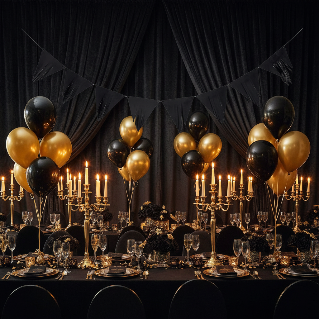 Black triangular bunting at elegant black and gold anniversary party with candles and champagne