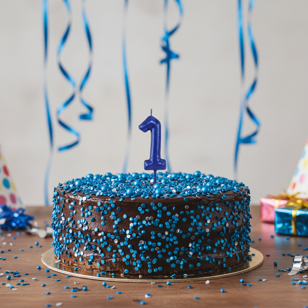 Blue number 1 candle on chocolate birthday cake with blue sprinkles and confetti