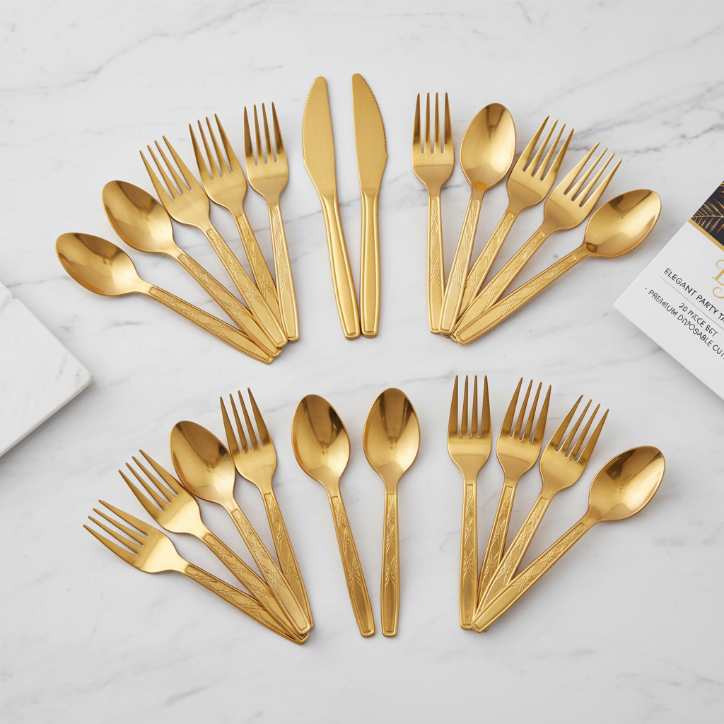Gold metallic plastic forks spoons set flat lay on white marble background premium disposable gold cutlery 20 piece set