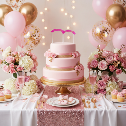 Hot pink Happy Birthday arch banner cake toppers on tiered birthday cake with pink gold balloons