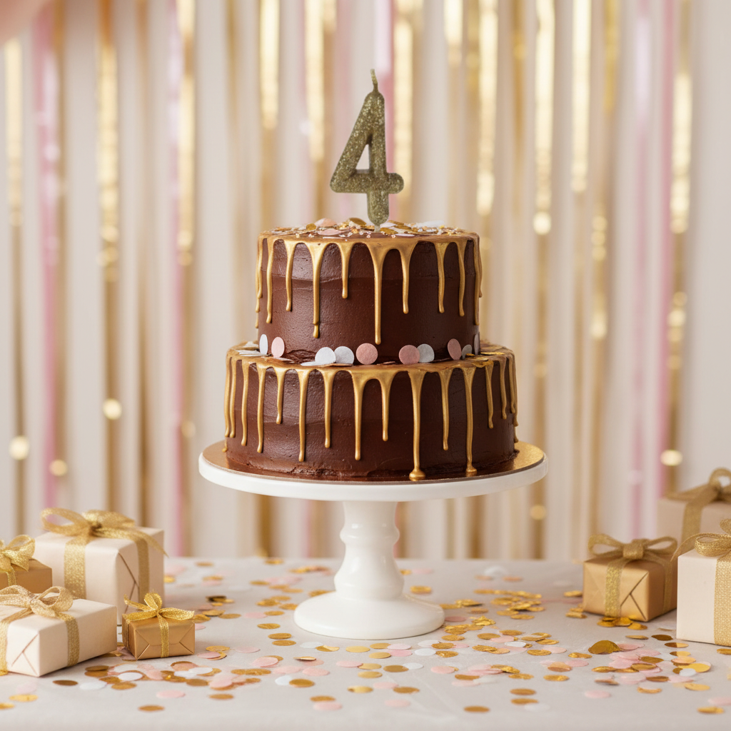 Golden glitter number 4 candle on chocolate cake with gold drip and confetti