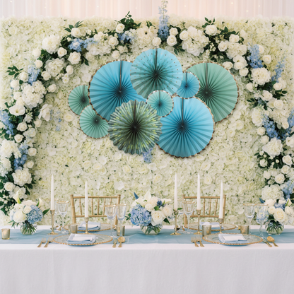 Blue Teal Paper Fans at Wedding Reception Backdrop