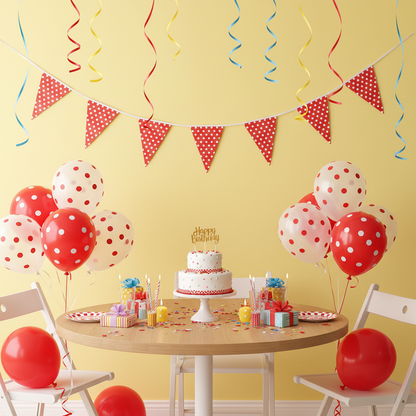 Red white polka dot bunting hung on wall at cheerful birthday party with balloons
