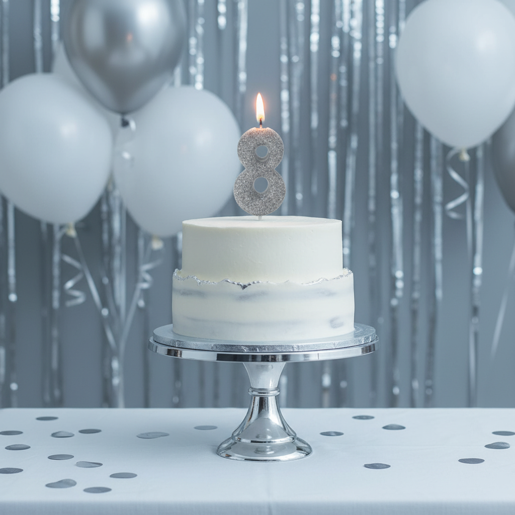 Silver glitter number 8 candle lit on white frosted birthday cake with silver balloons