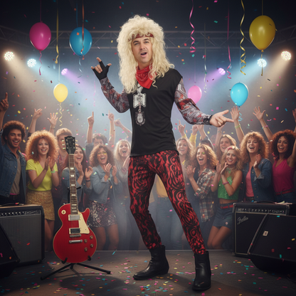 Man in rock and roll funky costume posing like rock star at 80s theme party with guitar