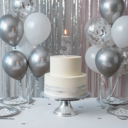 Silver glitter number 5 candle lit on white frosted birthday cake with silver balloons