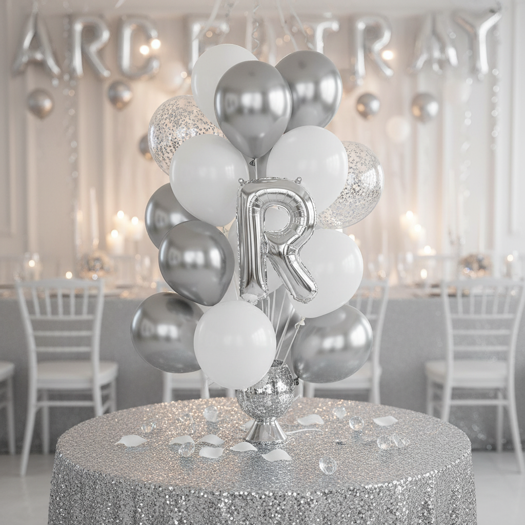 Silver Letter R Balloon - Table Centrepiece Bouquet