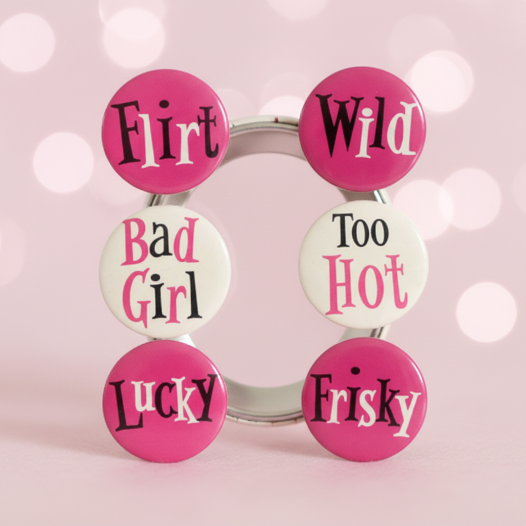 Close up of all 6 bachelorette party buttons Flirt Wild Bad Girl Too Hot Lucky Frisky pink badges