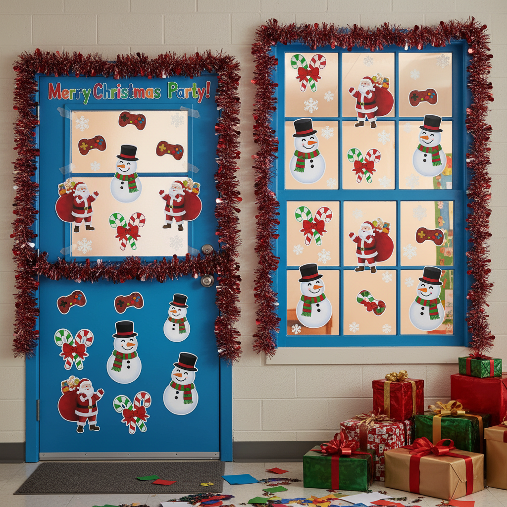 Santa Claus snowman and joystick Christmas cutout decorations displayed on classroom door and window