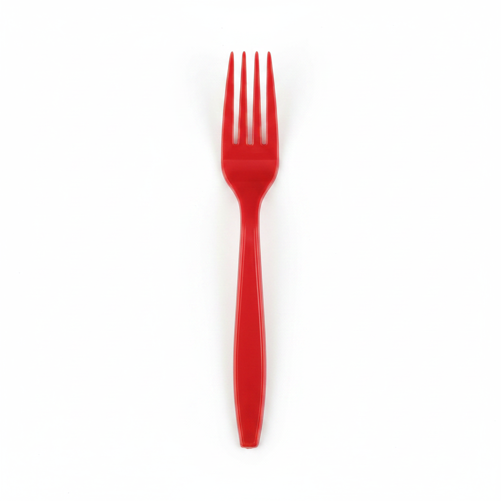 Bright red plastic forks flat lay on white background neatly arranged premium disposable red cutlery 20 piece set