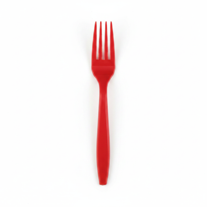 Bright red plastic forks flat lay on white background neatly arranged premium disposable red cutlery 20 piece set