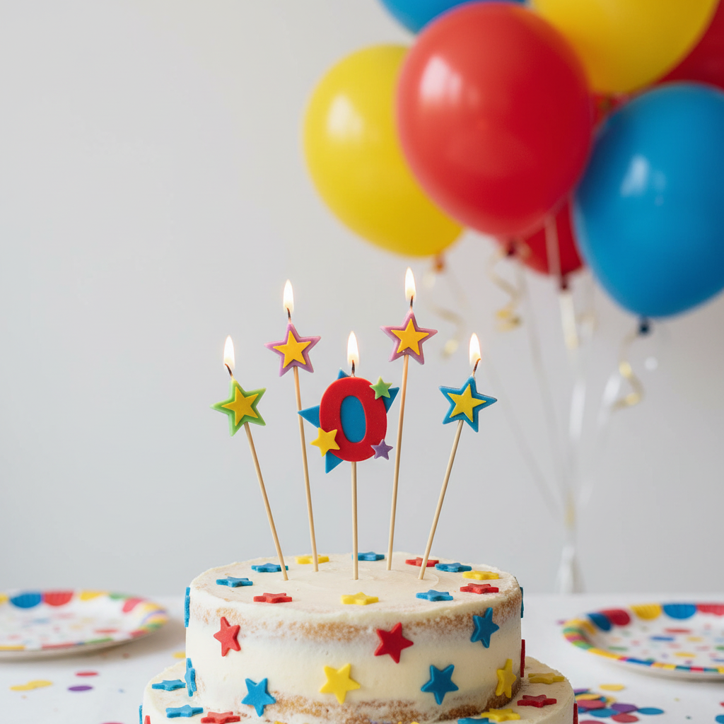 Colorful star pick number 0 candles on birthday cake with balloons