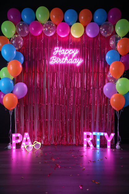Vibrant neon pink metallic foil fringe curtain backdrop at birthday party photo booth with balloons and neon lights