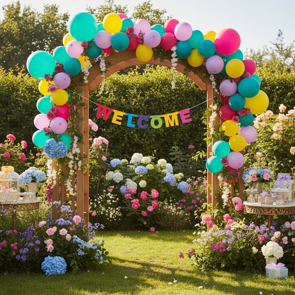 Colorful Welcome letter banner at outdoor garden party with flower garlands and balloons