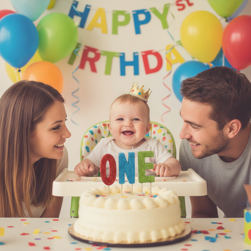 Baby celebrating first birthday with cake topped with colorful glitter ONE letter candles with parents