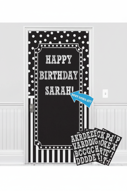 Black and white customizable Happy Birthday door decoration kit on front door with polka dots stripes and personalized name letters