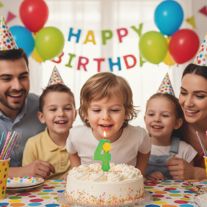 Child celebrating 4th birthday blowing green number 4 balloon candle on cake with family