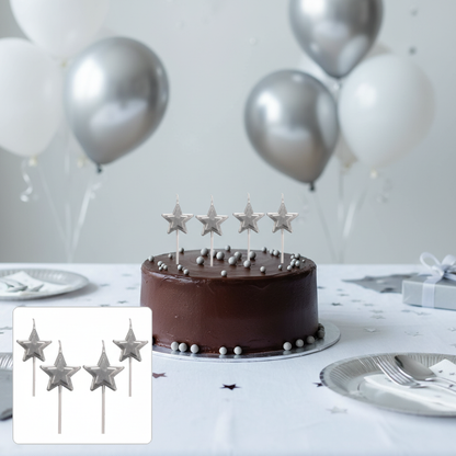 Silver star stick candles set of 4 on dark chocolate birthday cake