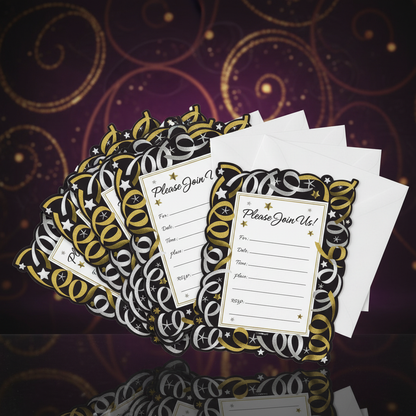 Silver & Gold Streamers Party Invitations Pack of 20 Fanned Out
