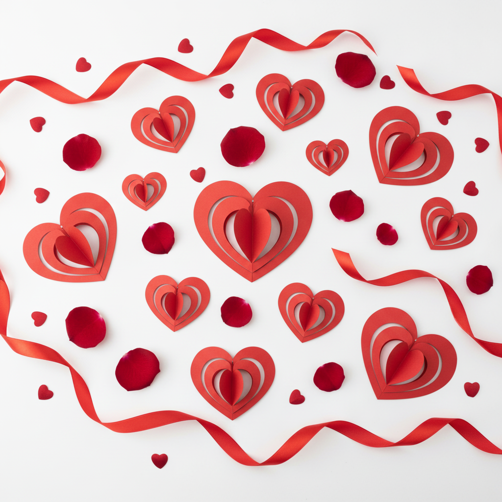 3D red heart rotating paper decorations set of 16 flat lay with rose petals and red ribbons