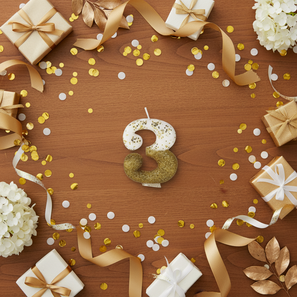 Semi glitter gold and white number 3 candle flat lay with gold ribbons gift boxes and party decor