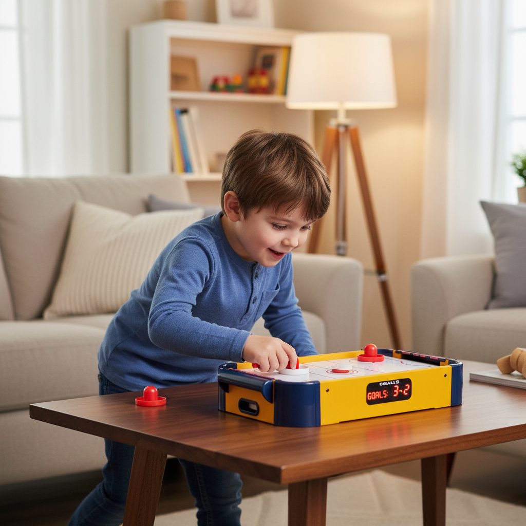 Child playing mini tabletop air hockey game on living room table yellow compact air hockey set with glowing scoreboard