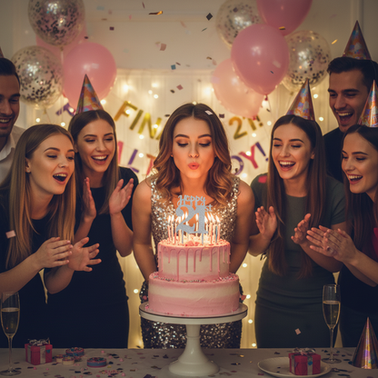 Young woman celebrating 21st birthday blowing candles on cake with silver glitter Happy 21st topper