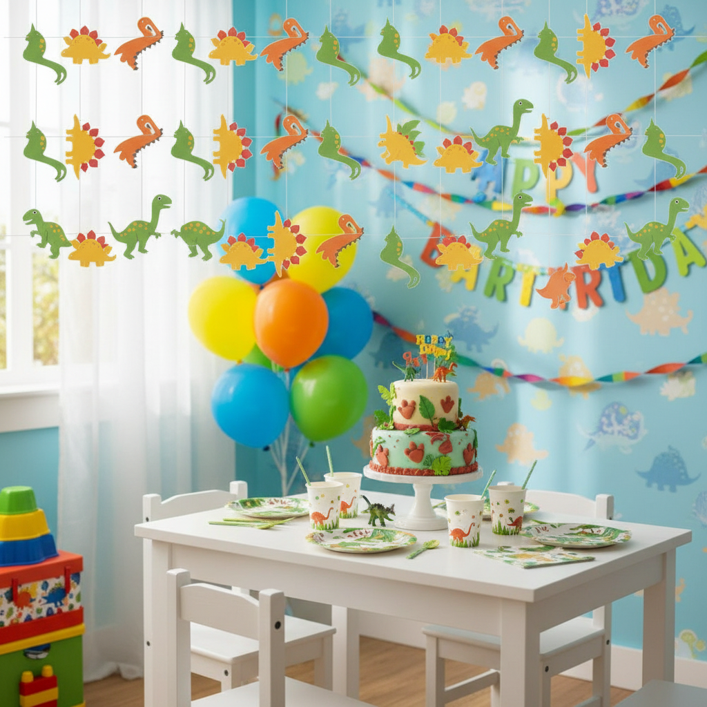 Dino Blast Hanging Decoration at Birthday Cake Table Setup