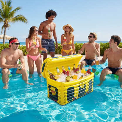 Yellow inflatable treasure chest cooler filled with ice and drinks at pirate themed pool party open lid showing cold beverages