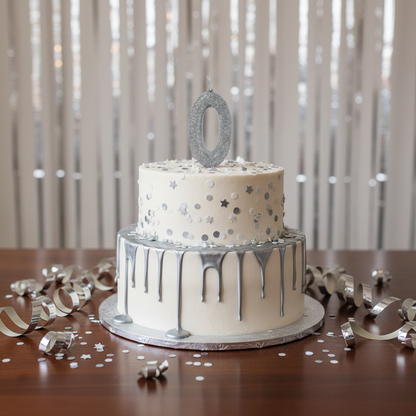 Silver glitter number 0 candle on white cake with silver drip and confetti