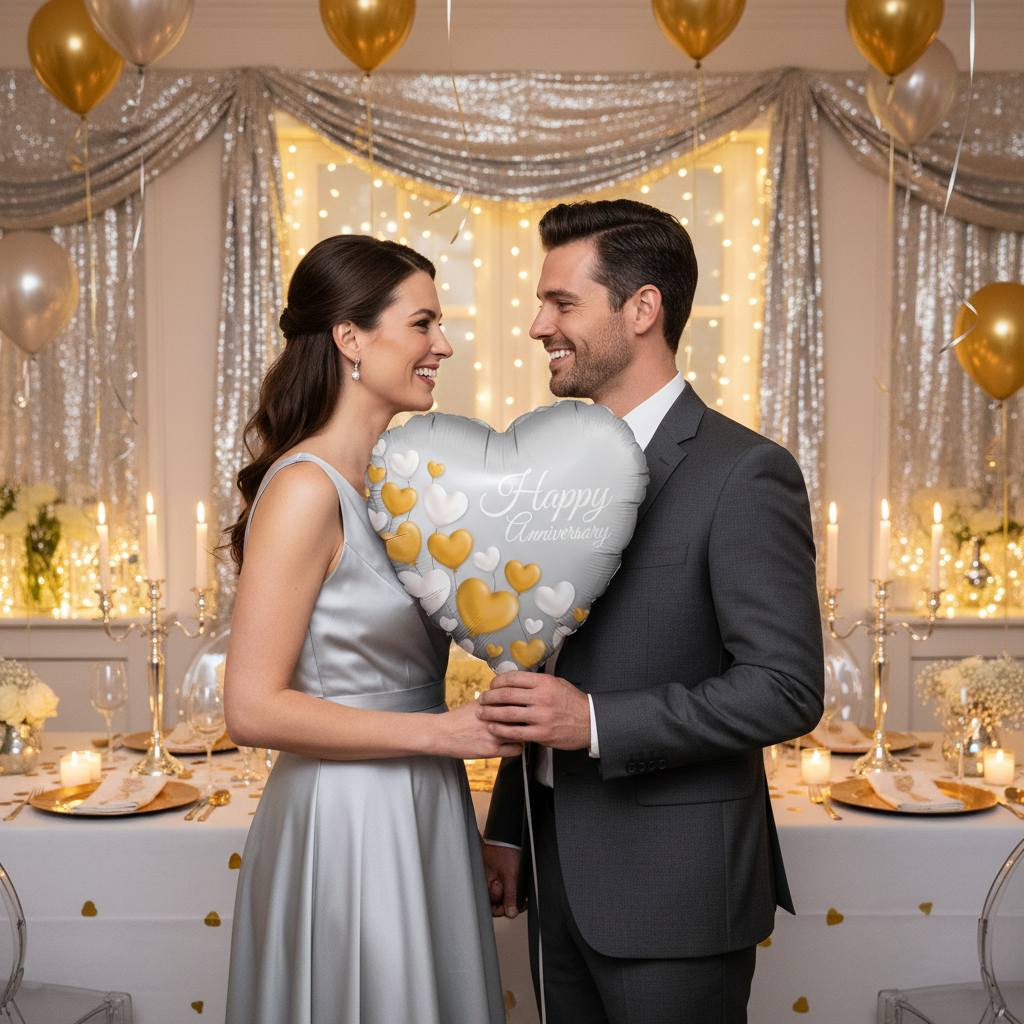 Happy Anniversary Platinum Heart Balloon - Couple Celebration