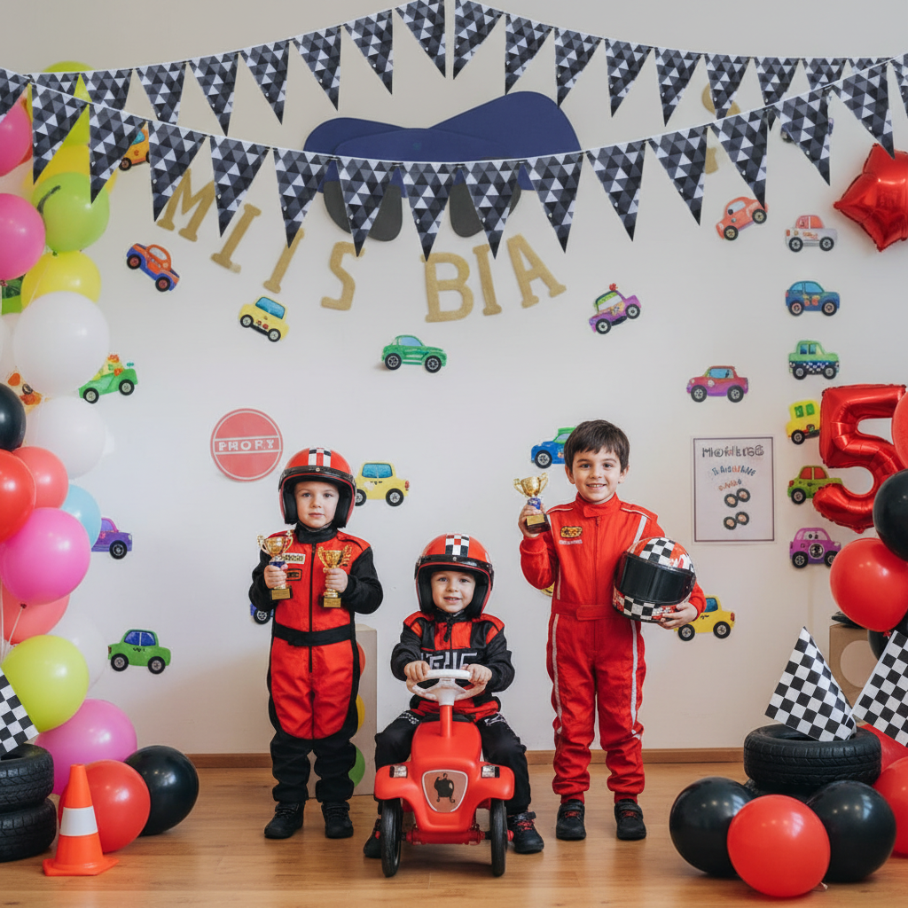 Black white chequered bunting at racing car birthday party photo booth with kids in racing costumes