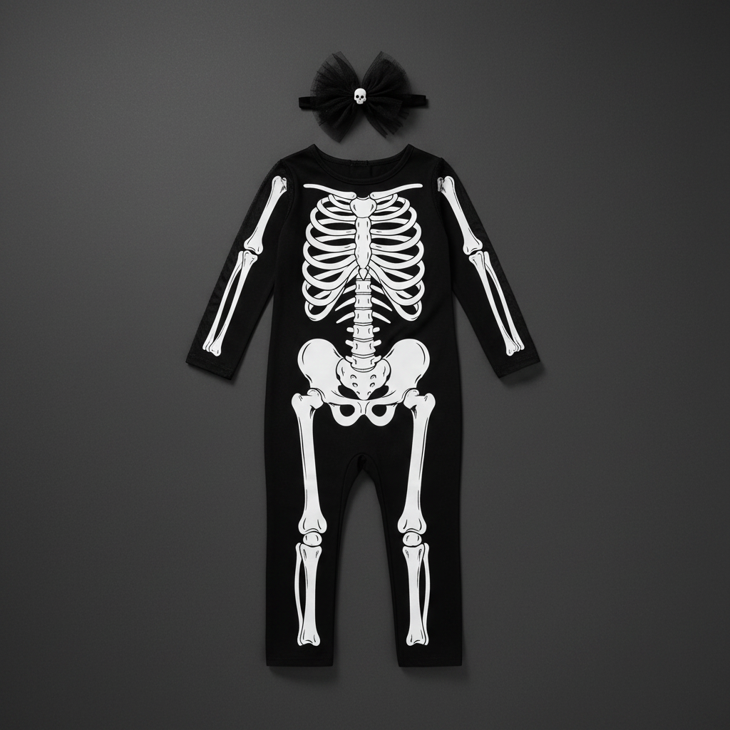 Black and white skeleton toddler Halloween costume flat lay with skeleton bone design and bow headband