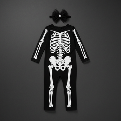 Black and white skeleton toddler Halloween costume flat lay with skeleton bone design and bow headband