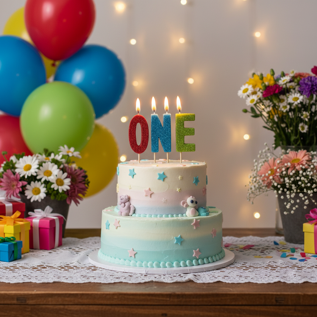 Colorful glitter ONE letter candles lit and glowing on first birthday cake with balloons and fairy lights