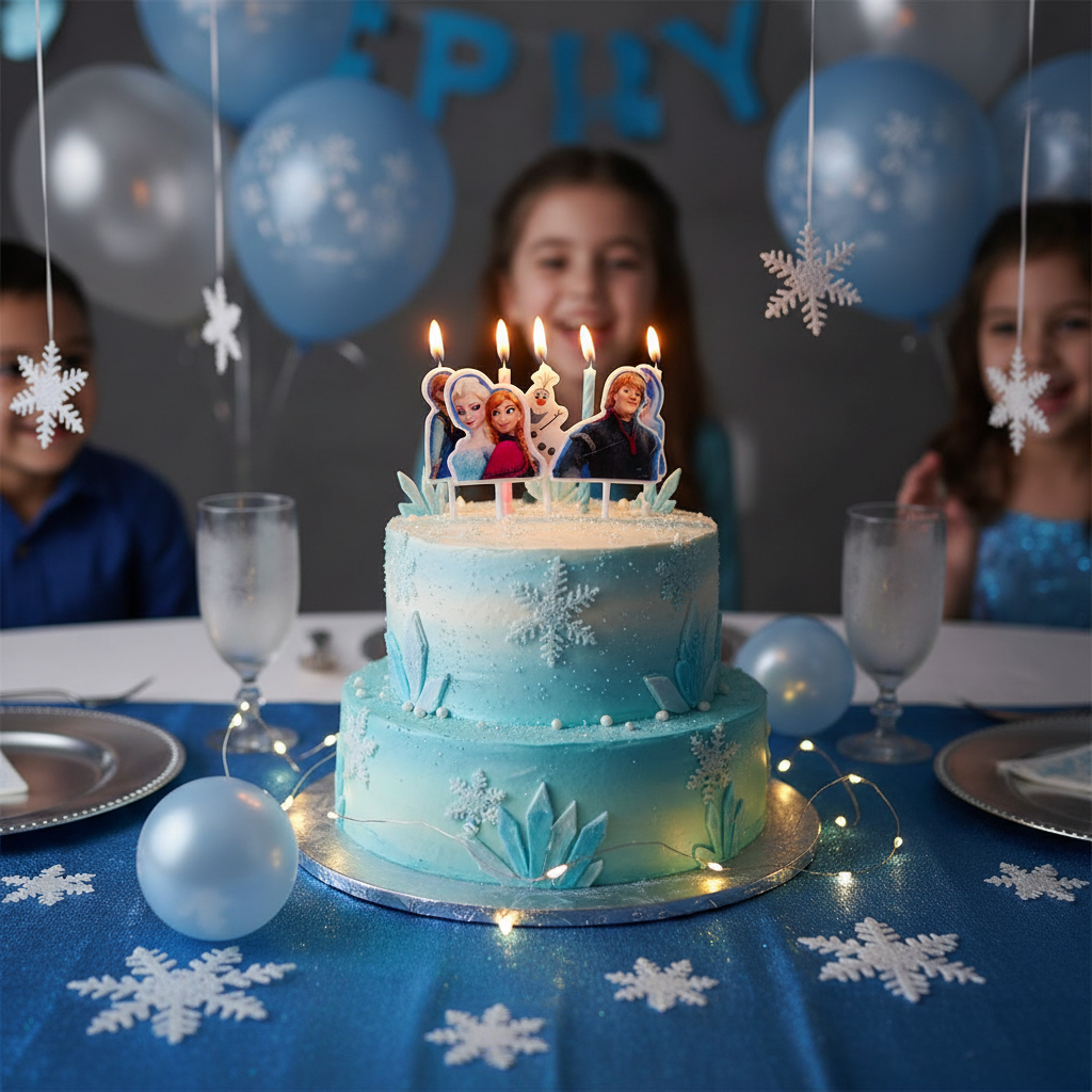 Disney Frozen character candles lit and glowing on birthday cake with blue silver balloons and fairy lights