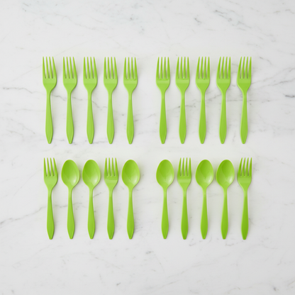 Lime green plastic forks flat lay on white marble background neatly arranged premium disposable 20 piece set