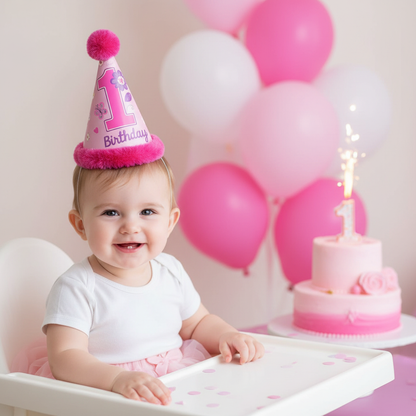 1st Birthday Girl Pink Cone Hat worn at First Birthday Party