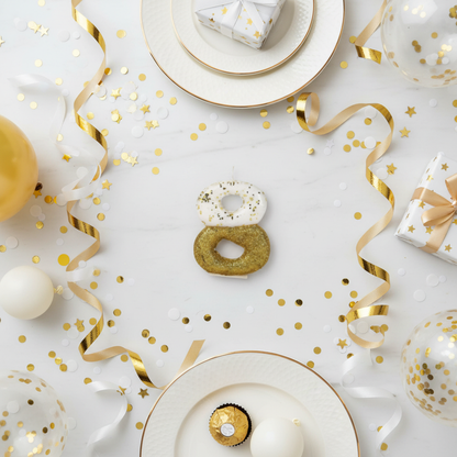 Semi glitter gold and white number 8 candle flat lay with gold ribbons gift boxes and party decor