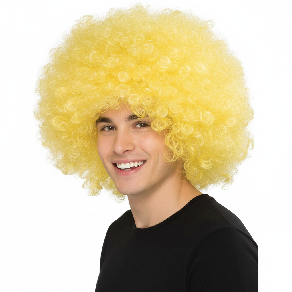 Person wearing giant yellow afro wig 3/4 angle view