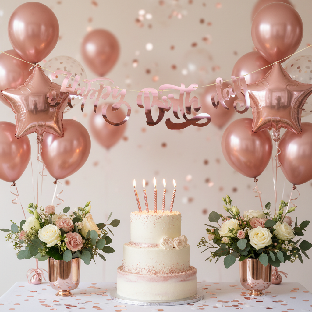 Happy Birthday Cursive Rose Gold Banner - Milestone Birthday Backdrop