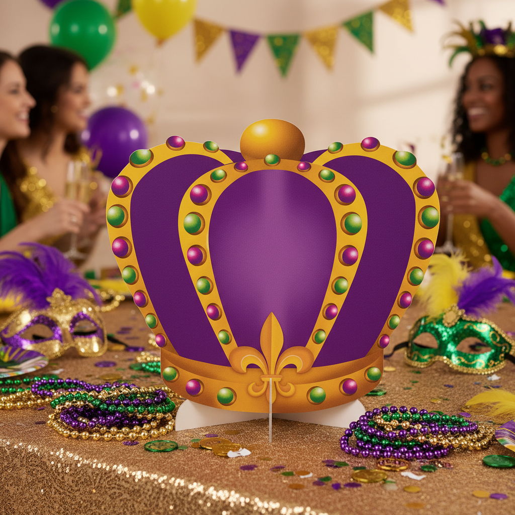 Large purple and gold Mardi Gras crown cutout decoration at party table with colorful beads masks and festive decorations