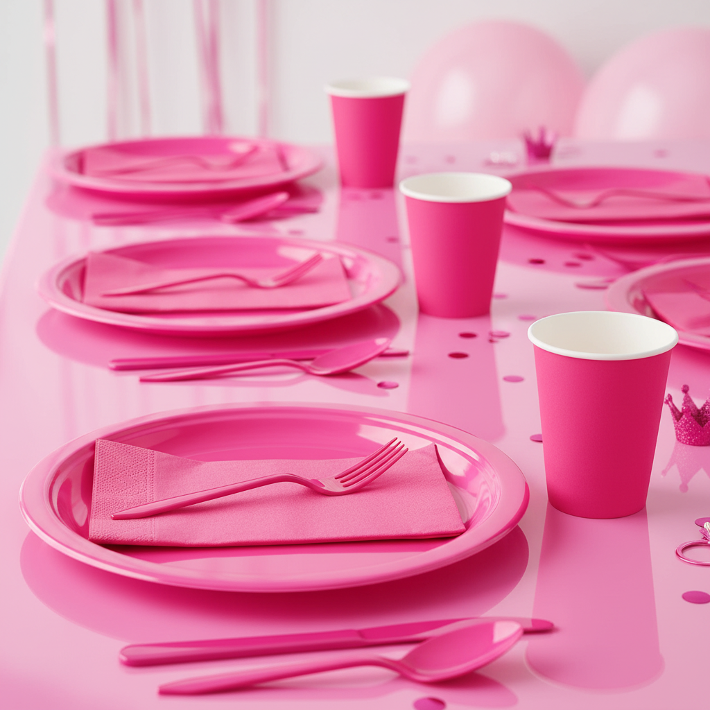 Bright hot pink plastic forks on vibrant pink party table with pink plates cups and napkins girls birthday bachelorette party